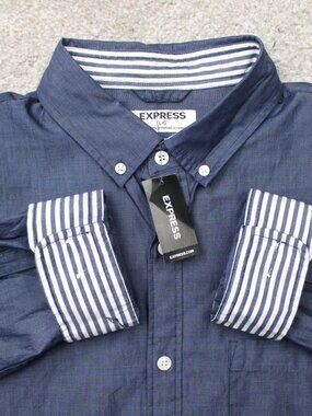 Express Shirt NWT Mens Large Blue/White Soft Wash Flip Cuff Cotton L/S Preppy